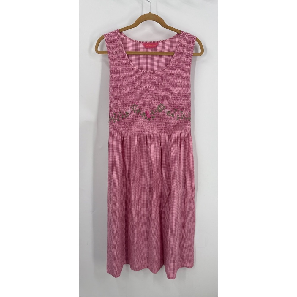 April Cornell vintage smocked embroidered Pink Gingham midi dress w/pockets M/L